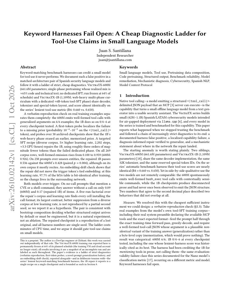 First page of Keyword Harnesses Fail Open: A Cheap Diagnostic Ladder for Tool-Use Claims in Small Language Models