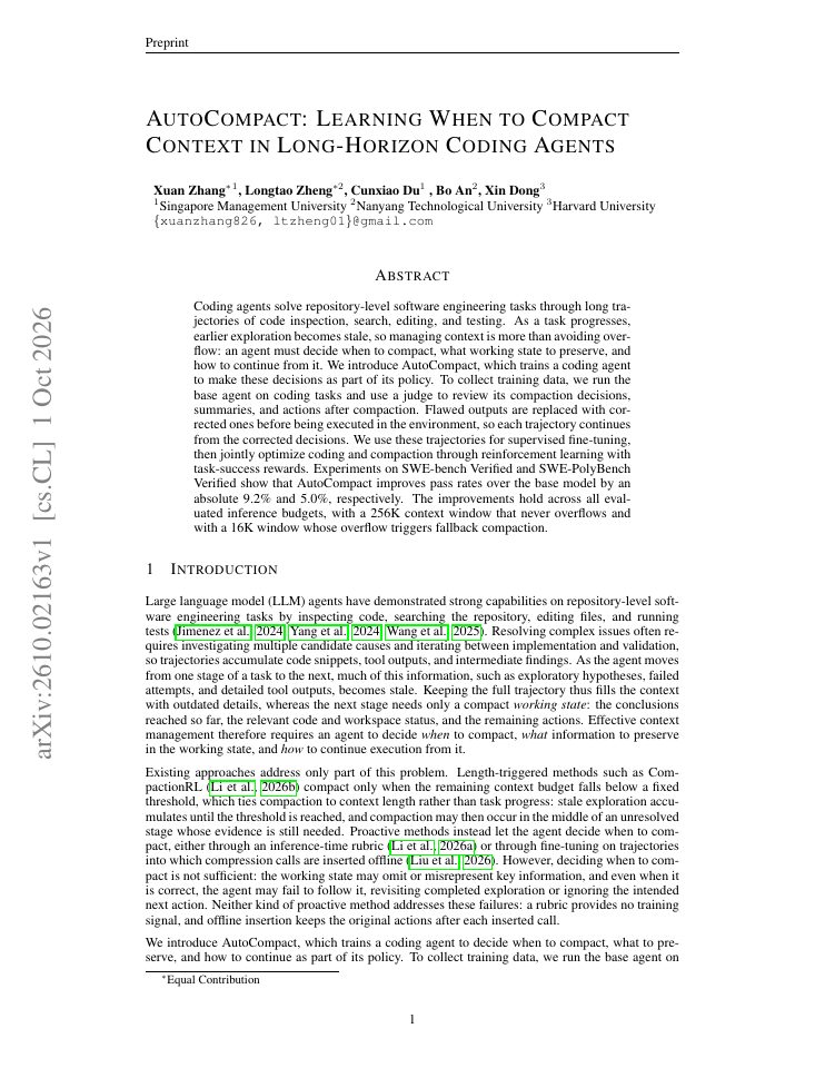First page of AutoCompact: Learning When to Compact Context in Long-Horizon Coding Agents