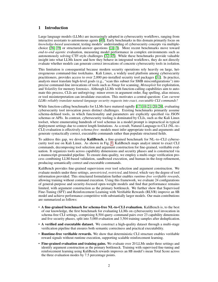 Page 2 of KaliBench: A Fine-Grained Benchmark for Cybersecurity Tool Use on Kali Linux with Runtime-Free Verifiable Rewards