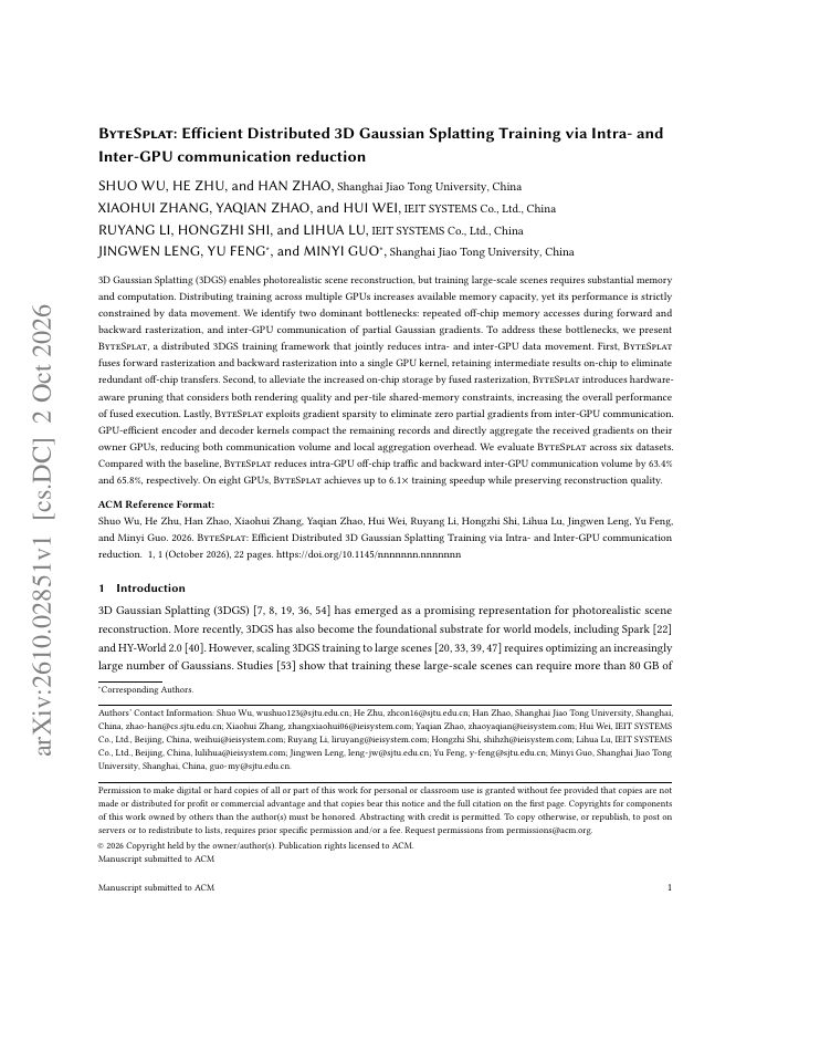 First page of ByteSplat: Efficient Distributed 3D Gaussian Splatting Training via Intra- and Inter-GPU communication reduction