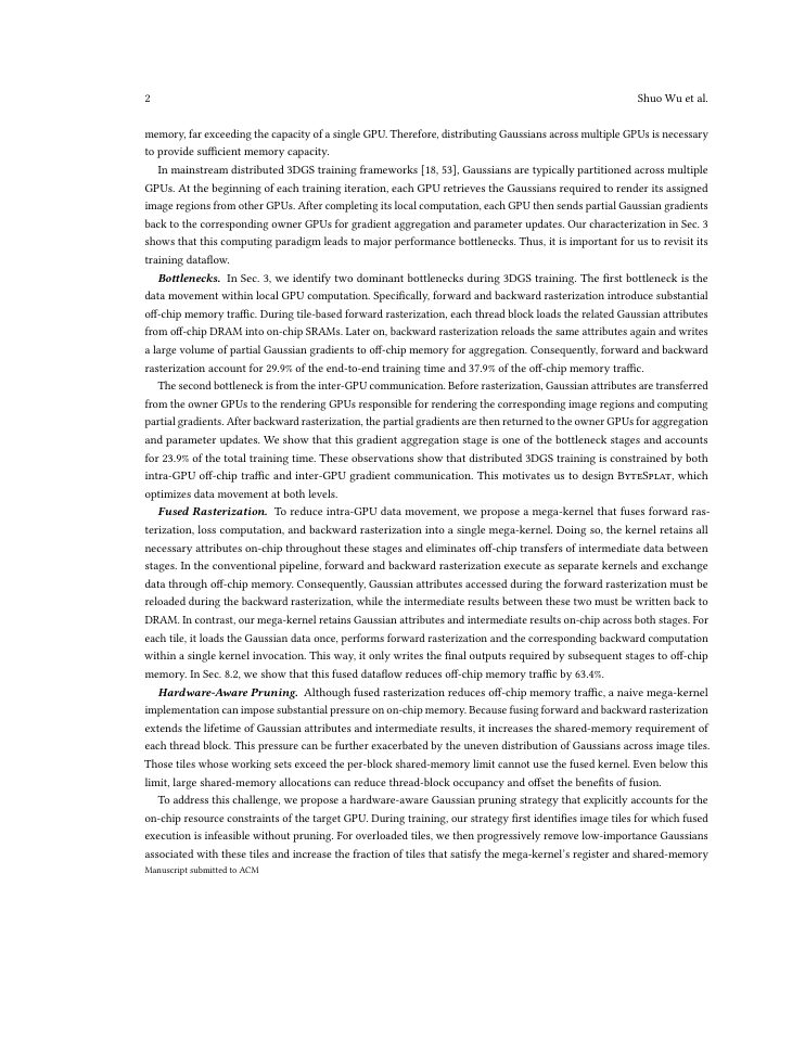 Page 2 of ByteSplat: Efficient Distributed 3D Gaussian Splatting Training via Intra- and Inter-GPU communication reduction