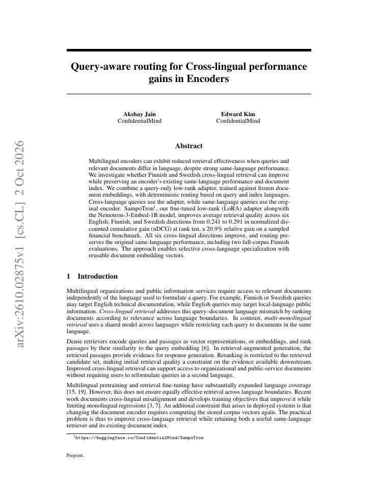 First page of Query-aware routing for Cross-lingual performance gains in Encoders