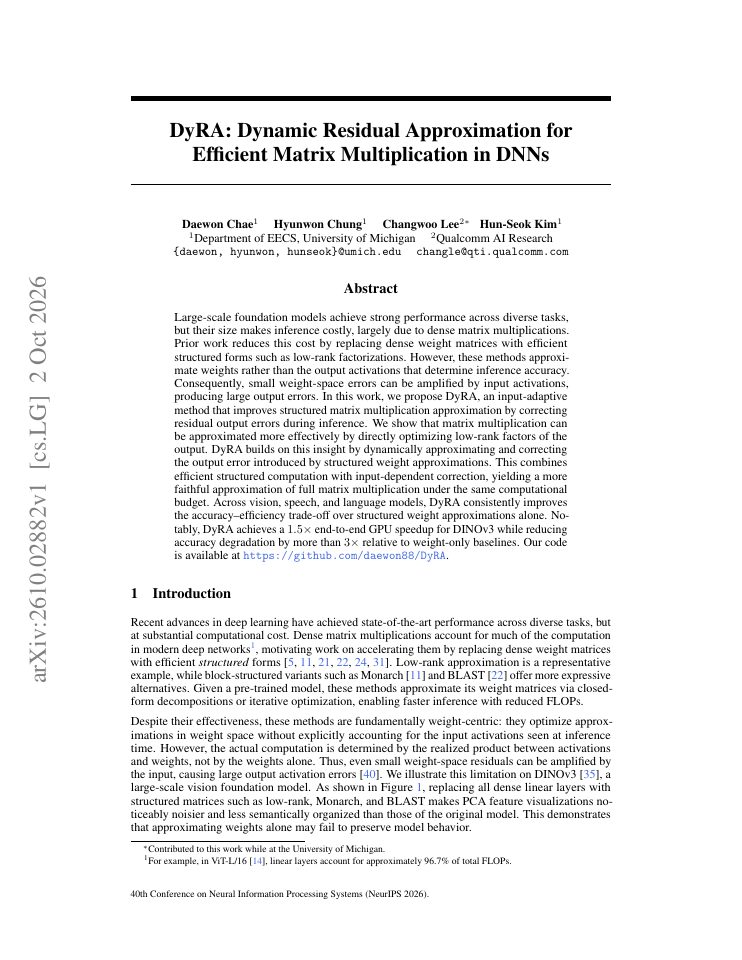 First page of DyRA: Dynamic Residual Approximation for Efficient Matrix Multiplication in DNNs