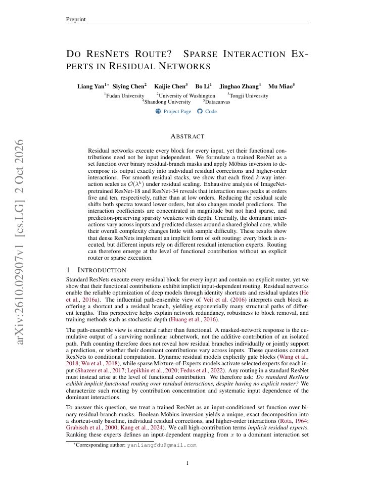 First page of Do ResNets Route? Sparse Interaction Experts in Residual Networks