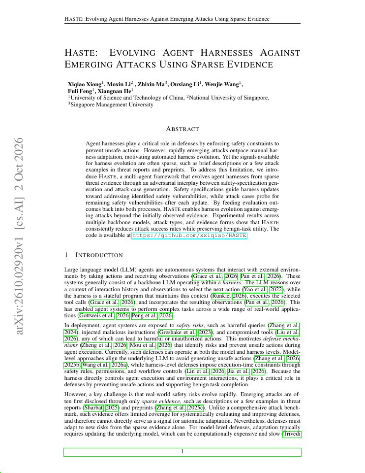 First page of HASTE: Evolving Agent Harnesses Against Emerging Attacks Using Sparse Evidence