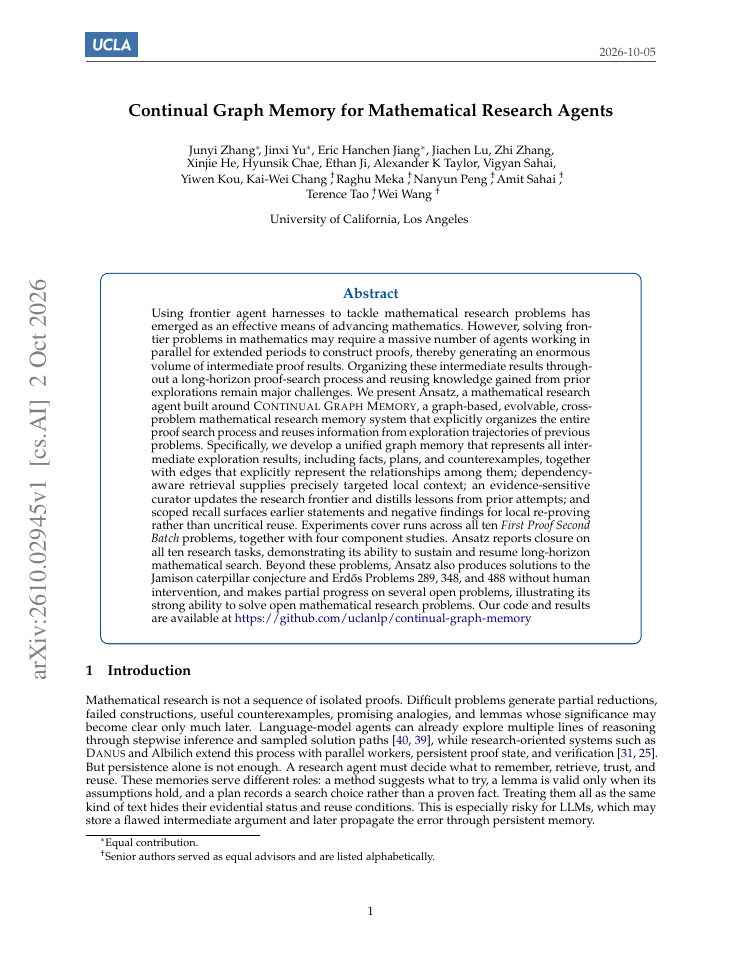 First page of Continual Graph Memory for Mathematical Research Agents