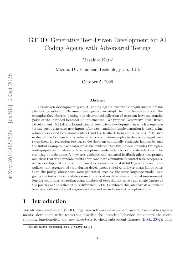 First page of GTDD: Generative Test-Driven Development for AI Coding Agents with Adversarial Testing
