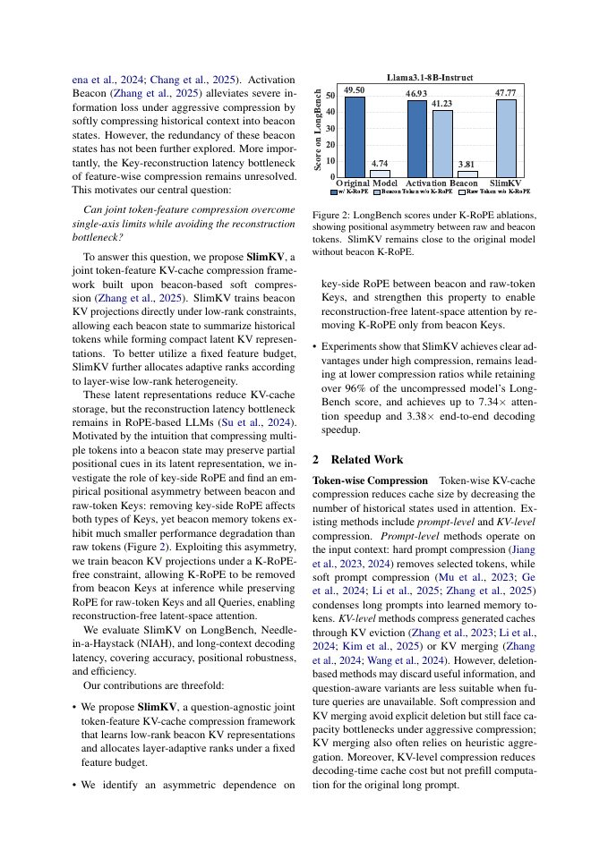 Page 2 of SlimKV: Joint Token-Feature KV Cache Compression with Reconstruction-Free Beacon Attention