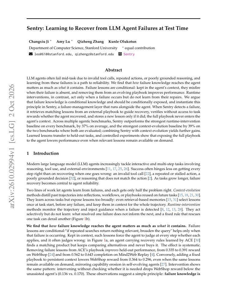 First page of Sentry: Learning to Recover from LLM Agent Failures at Test Time