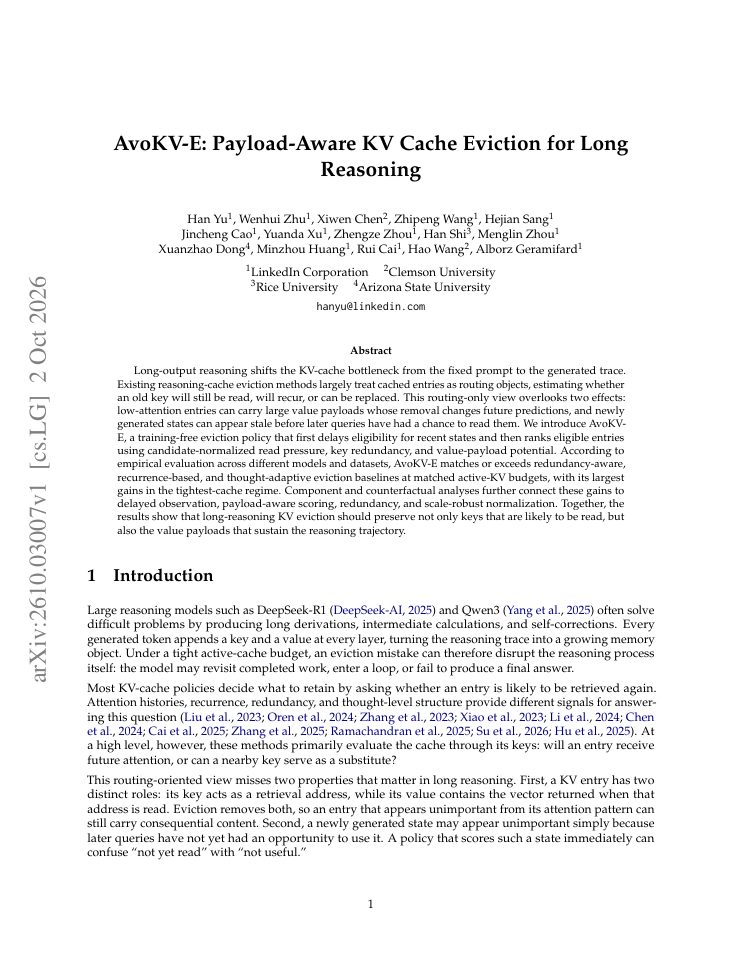First page of AvoKV-E: Payload-Aware KV Cache Eviction for Long Reasoning