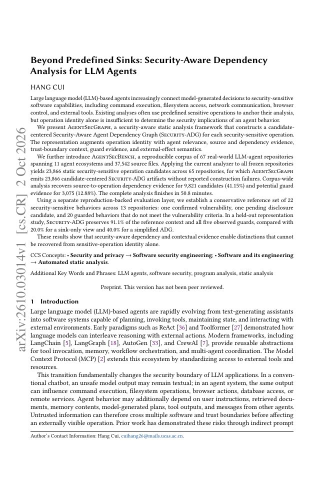First page of Beyond Predefined Sinks: Security-Aware Dependency Analysis for LLM Agents