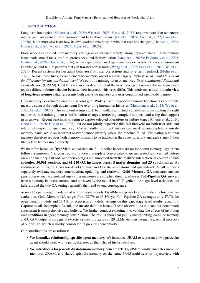 Page 2 of DyadMem: A Long-Term Memory Benchmark of How Agents Work with Users