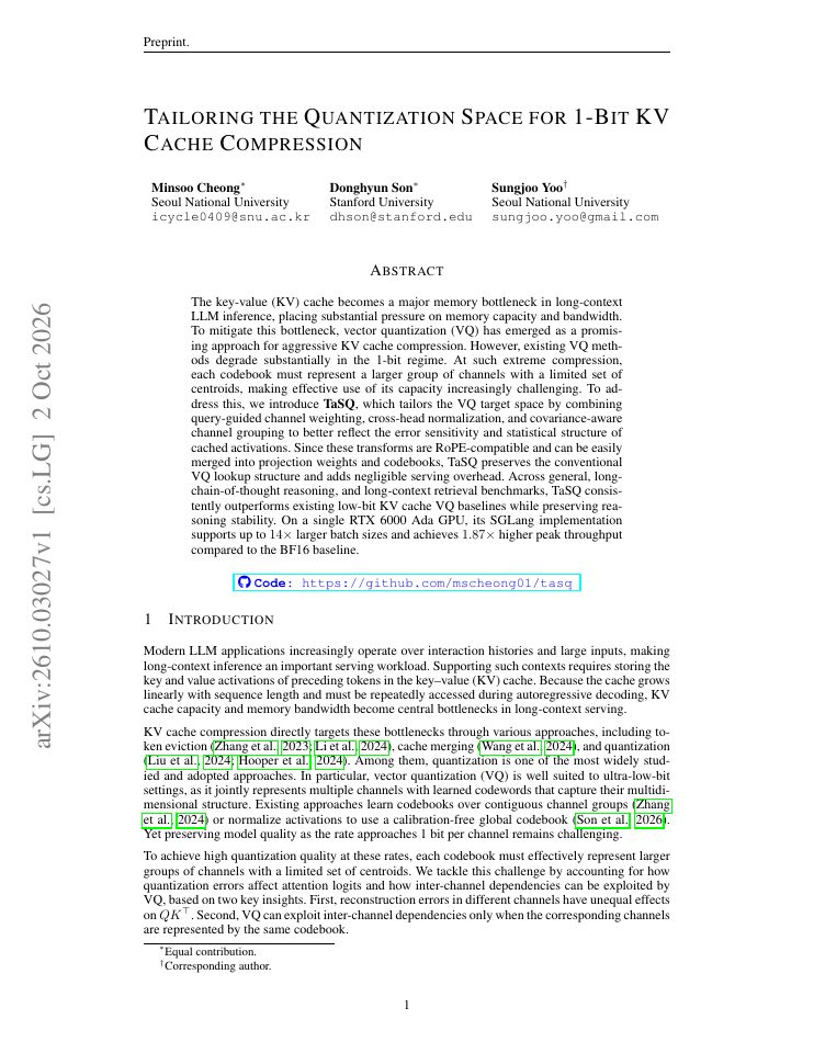 First page of Tailoring the Quantization Space for 1-Bit KV Cache Compression