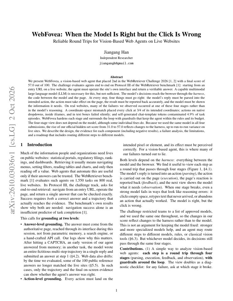 First page of WebFovea: When the Model Is Right but the Click Is Wrong -- Reliable Round Trips for Vision-Based Web Agents on Live Websites