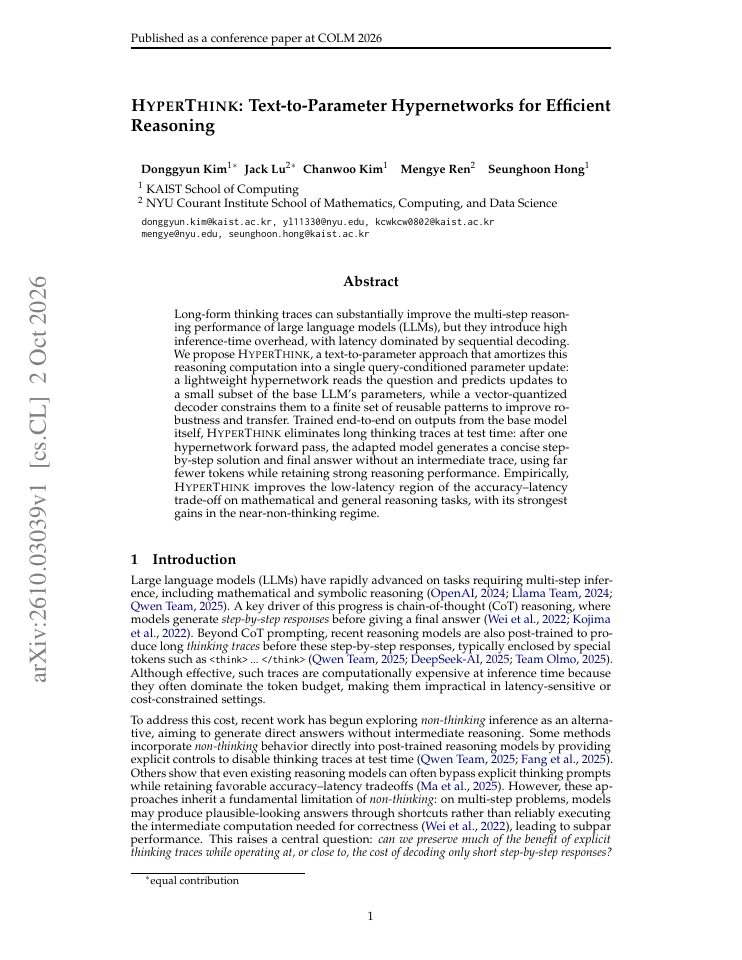 First page of HyperThink: Text-to-Parameter Hypernetworks for Efficient Reasoning