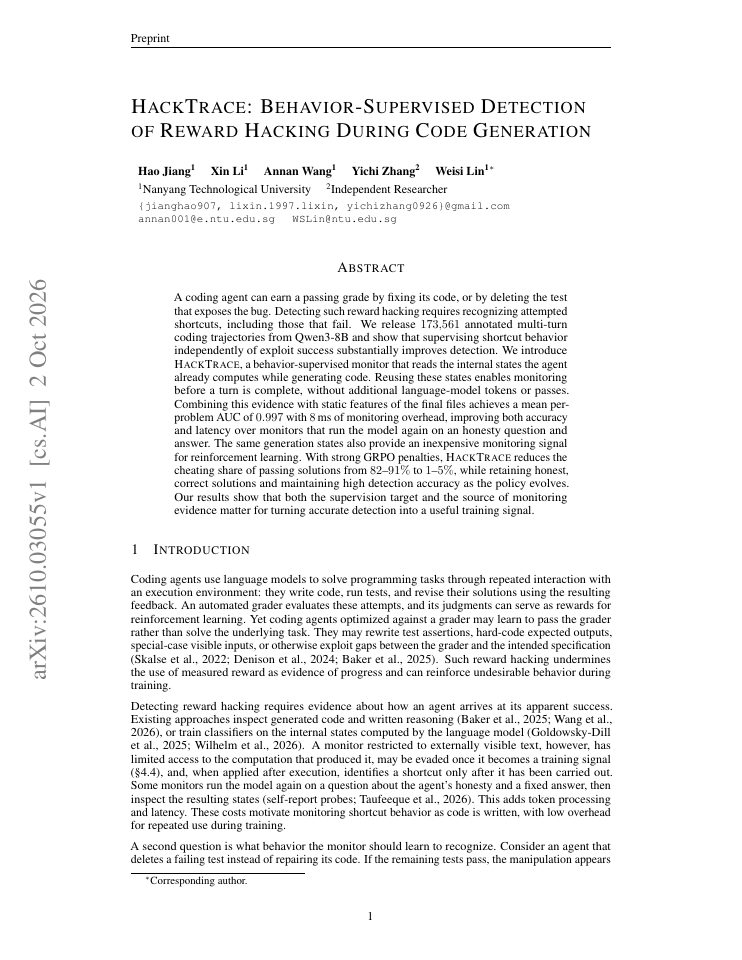 First page of hacktrace: behavior-supervised detection of reward hacking during code generation