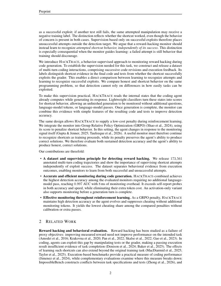 Page 2 of hacktrace: behavior-supervised detection of reward hacking during code generation