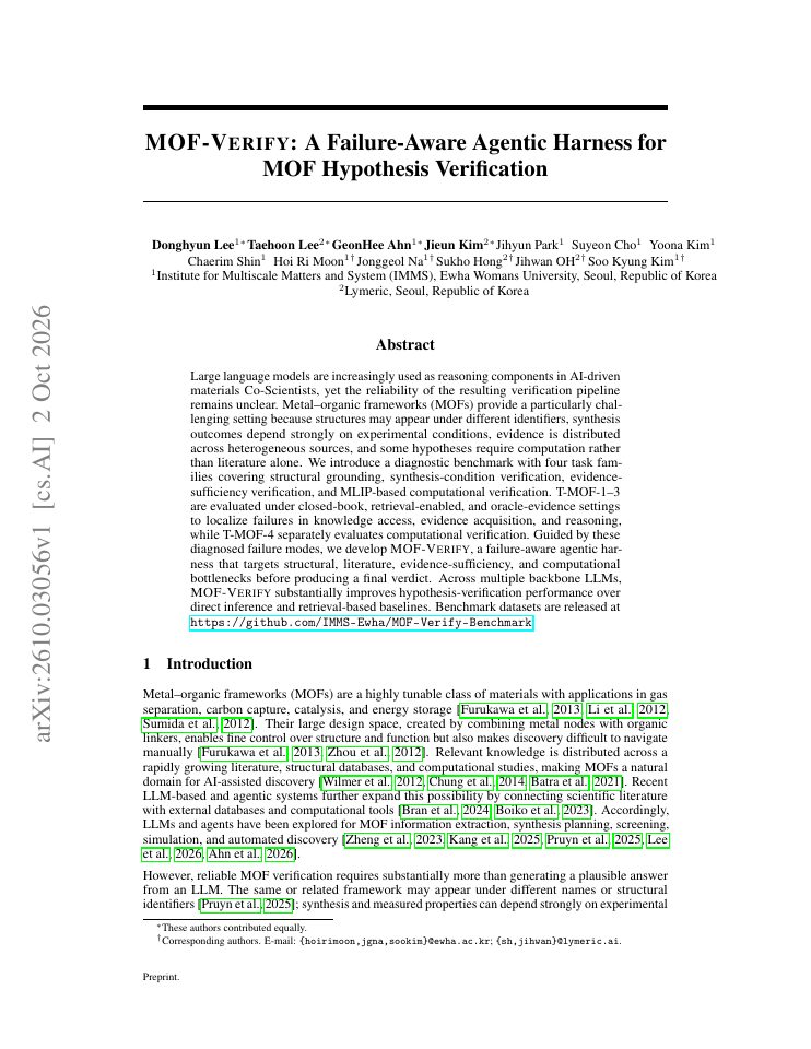 First page of MOF-VERIFY: A Failure-Aware Agentic Harness for MOF Hypothesis Verification