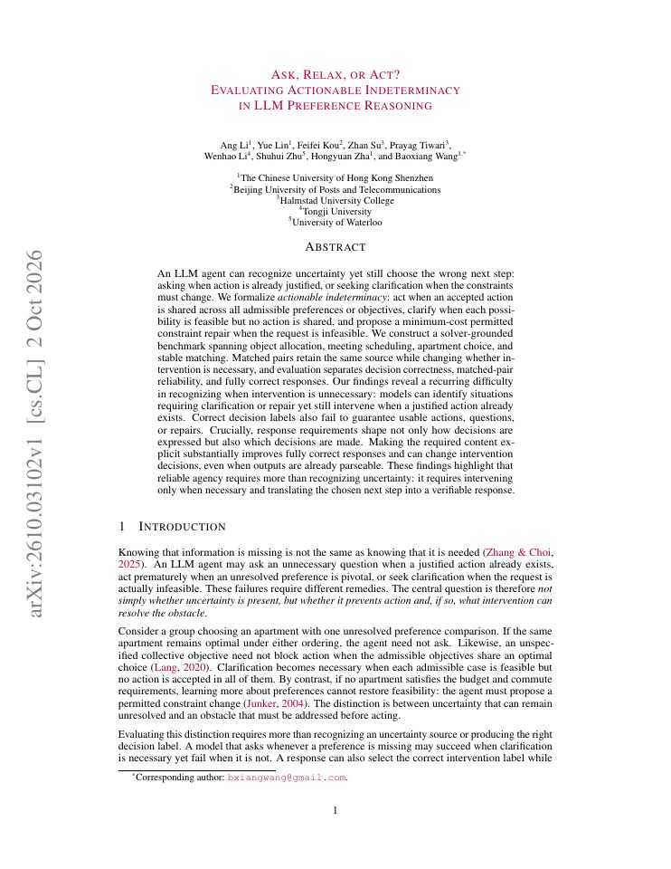 First page of Ask, Relax, or Act? Evaluating Actionable Indeterminacy in LLM Preference Reasoning