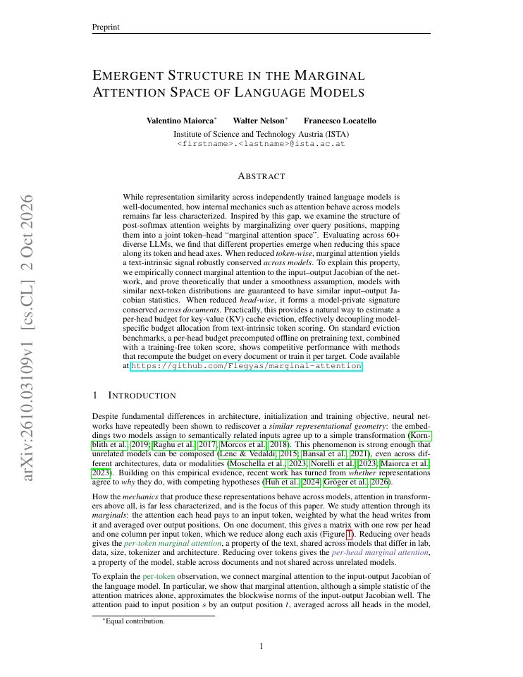 First page of Emergent Structure in the Marginal Attention Space of Language Models