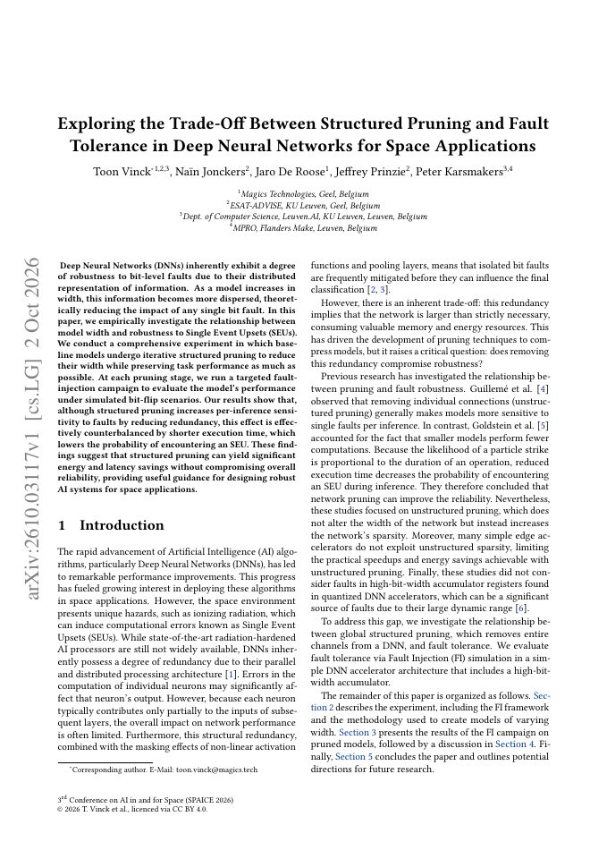 First page of Exploring the Trade-Off Between Structured Pruning and Fault Tolerance in Deep Neural Networks for Space Applications