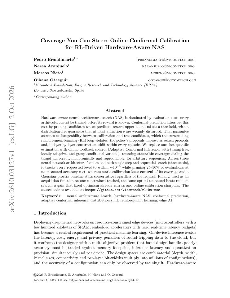 First page of Coverage You Can Steer: Online Conformal Calibration for RL-Driven Hardware-Aware NAS