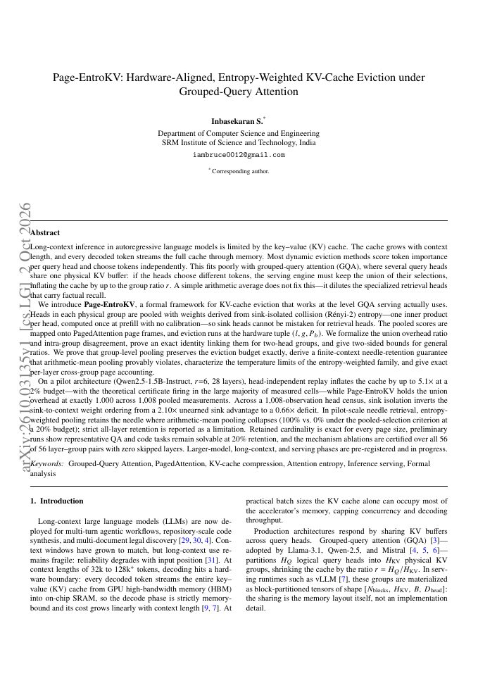 First page of Page-EntroKV: Hardware-Aligned, Entropy-Weighted KV-Cache Eviction under Grouped-Query Attention