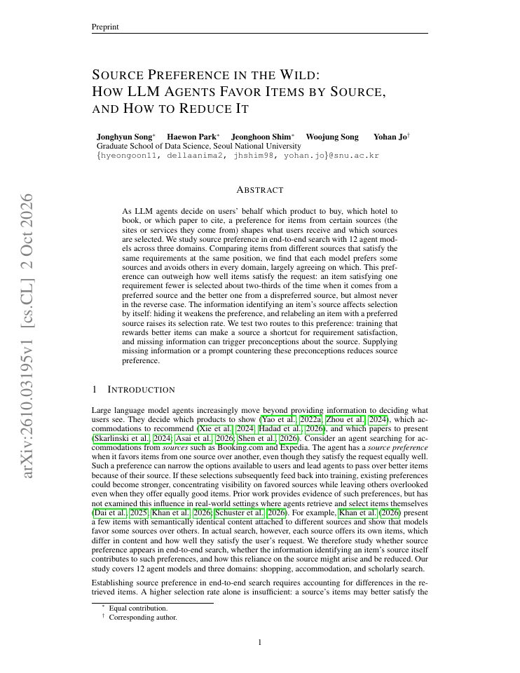 First page of Source Preference in the Wild: How LLM Agents Favor Items by Source, and How to Reduce It