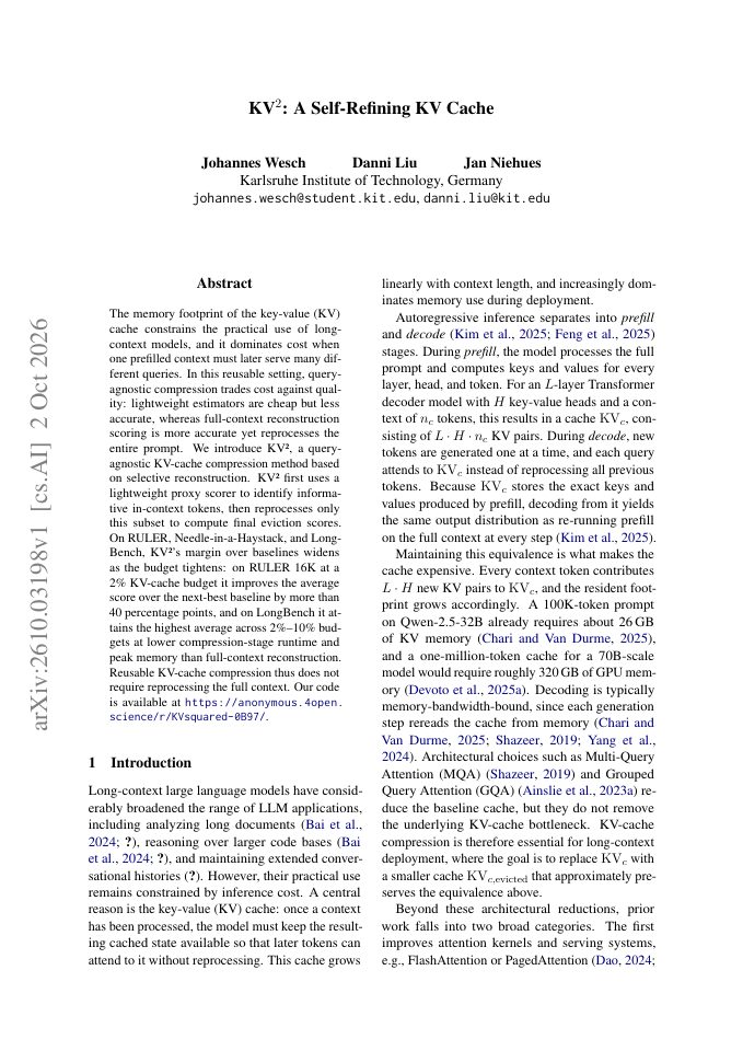 First page of KV$^2$: A Self-Refining KV Cache