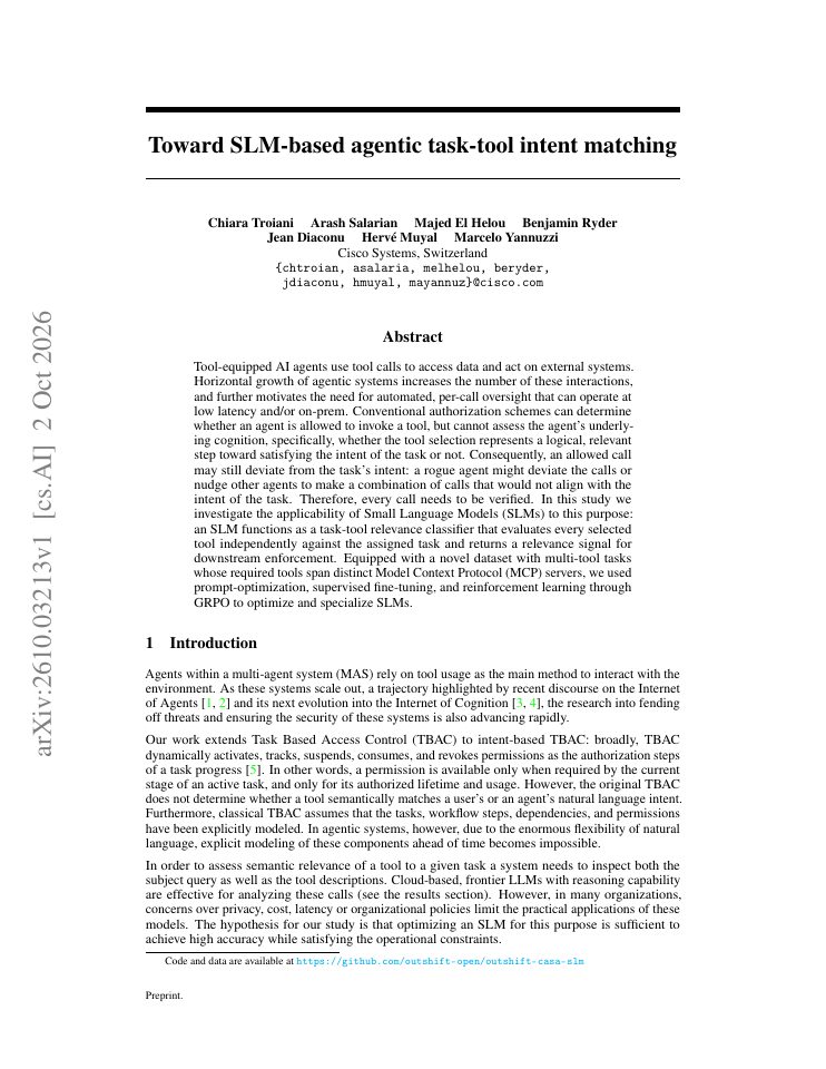 First page of Toward SLM-based agentic task-tool intent matching