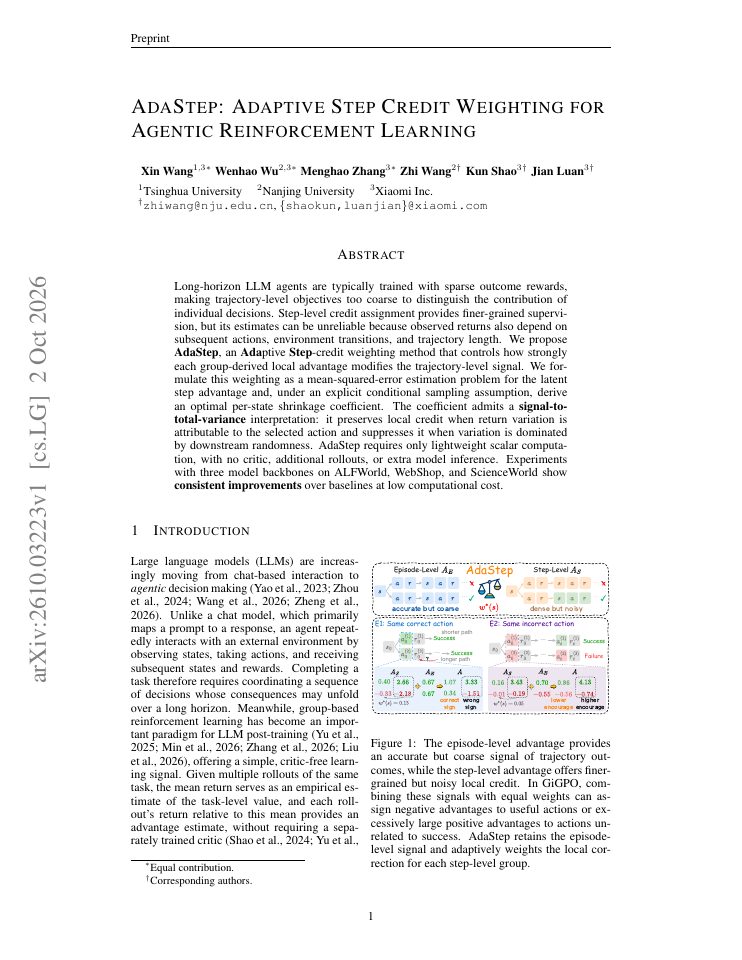 First page of AdaStep: Adaptive Step Credit Weighting for Agentic Reinforcement Learning