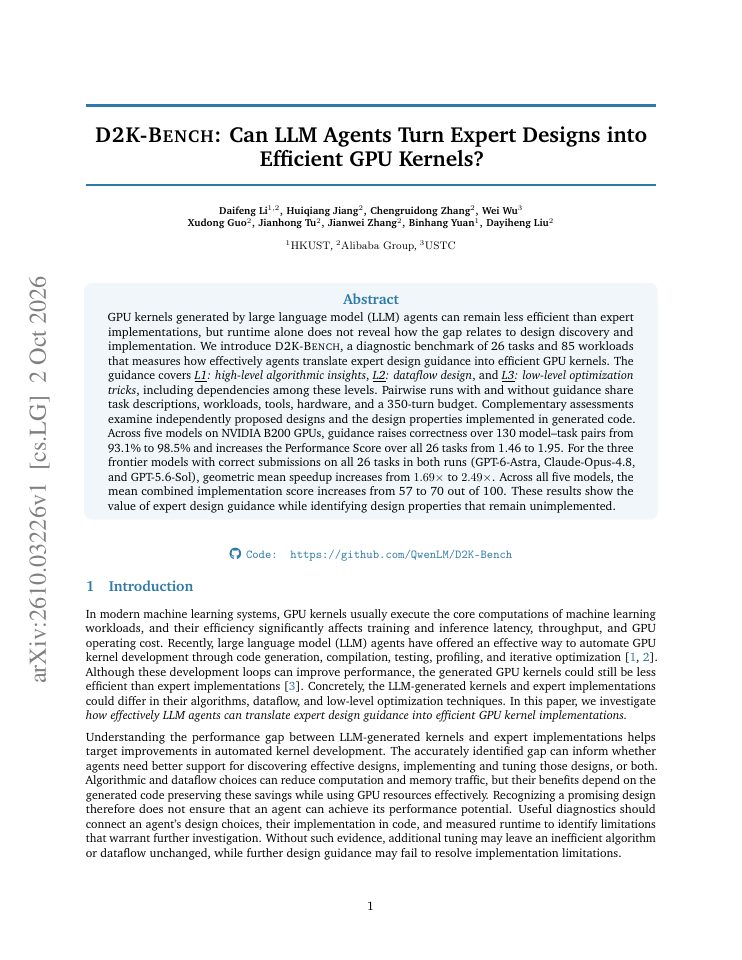First page of D2K-Bench: Can LLM Agents Turn Expert Designs into Efficient GPU Kernels?