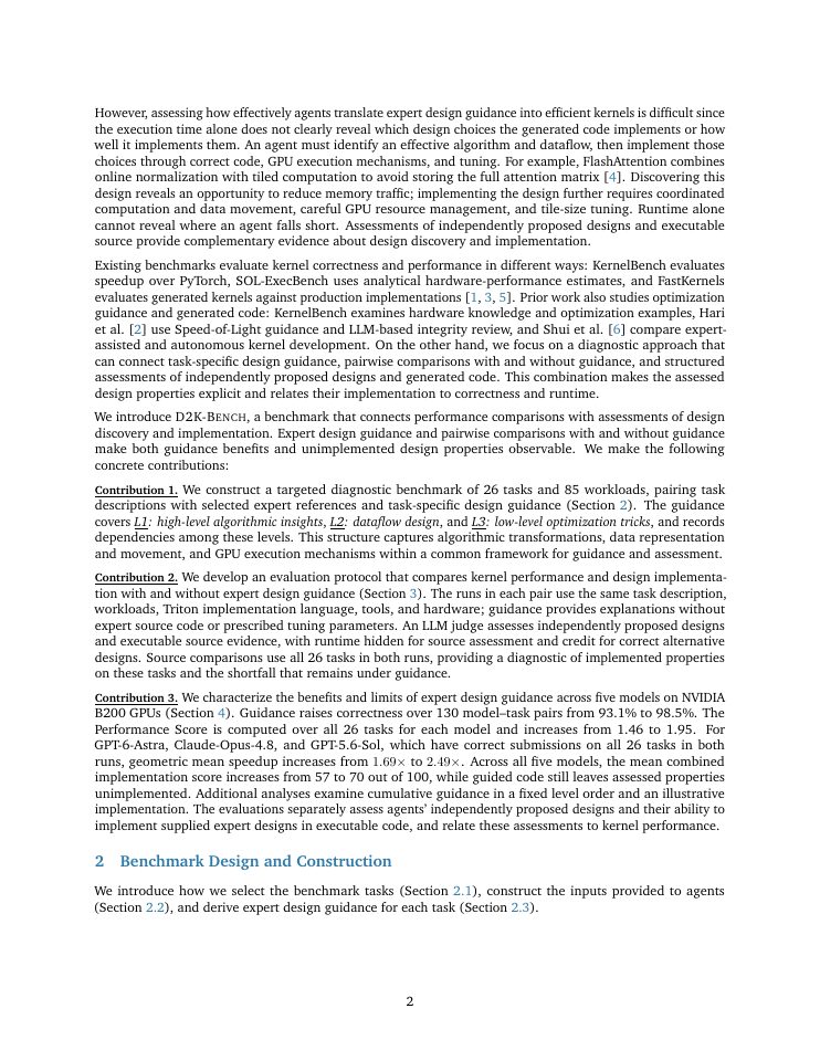 Page 2 of D2K-Bench: Can LLM Agents Turn Expert Designs into Efficient GPU Kernels?