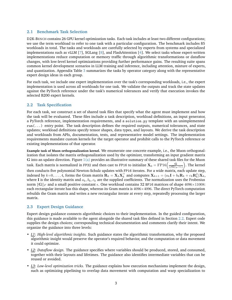 Page 3 of D2K-Bench: Can LLM Agents Turn Expert Designs into Efficient GPU Kernels?