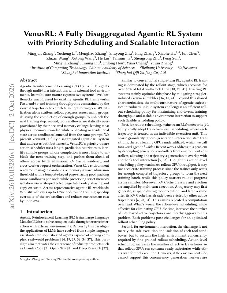 First page of VenusRL: A Fully Disaggregated Agentic RL System with Priority Scheduling and Scalable Interaction