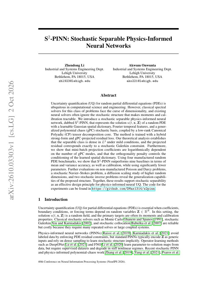First page of S$^{2}$-PINN: Stochastic Separable Physics-Informed Neural Networks