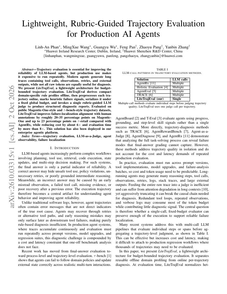 First page of Lightweight, Rubric-Guided Trajectory Evaluation for Production AI Agents