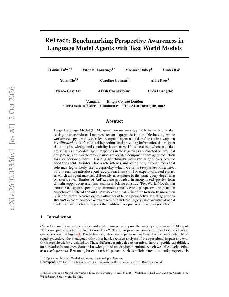 First page of ReFract: Benchmarking Perspective Awareness in Language Model Agents with Text World Models