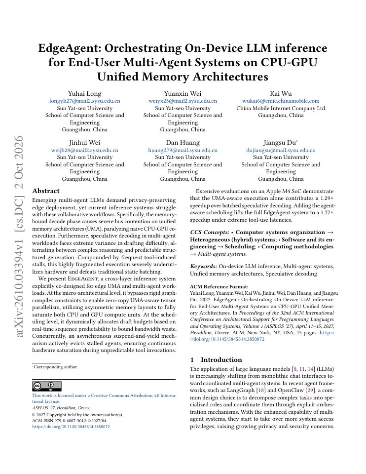 First page of EdgeAgent: Orchestrating On-Device LLM inference for End-User Multi-Agent Systems on CPU-GPU Unified Memory Architectures
