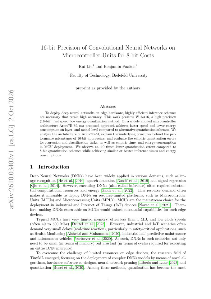 First page of 16-bit Precision of Convolutional Neural Networks on Microcontroller Units for 8-bit Costs