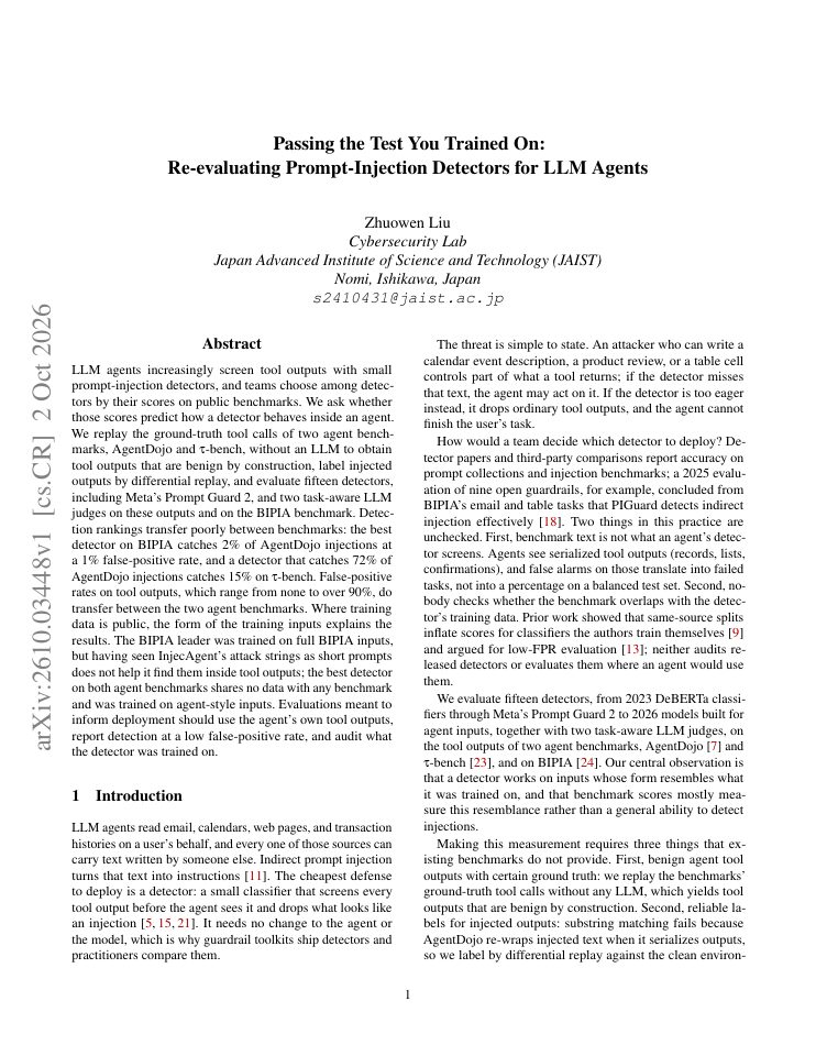 First page of Passing the Test You Trained On: Re-evaluating Prompt-Injection Detectors for LLM Agents