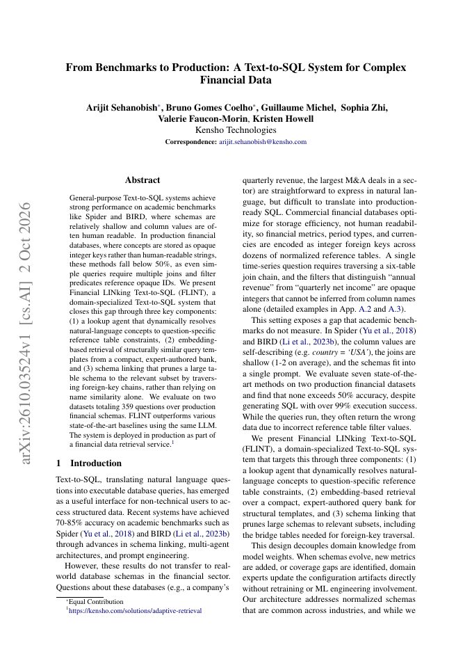 First page of From Benchmarks to Production: A Text-to-SQL System for Complex Financial Data