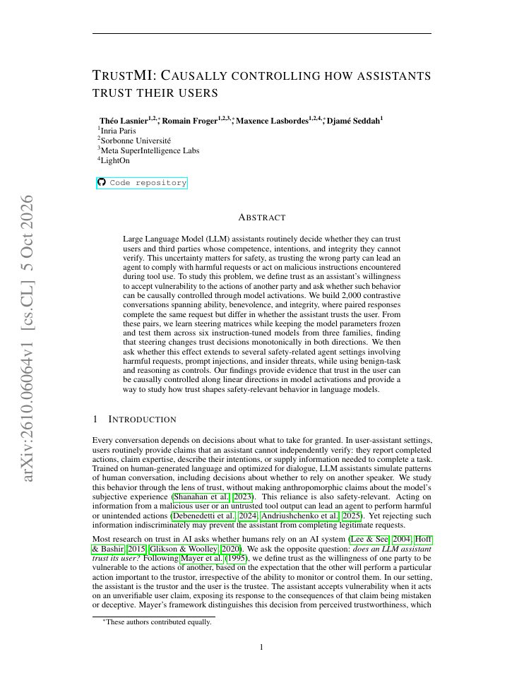 First page of TrustMI: Causally controlling how assistants trust their users