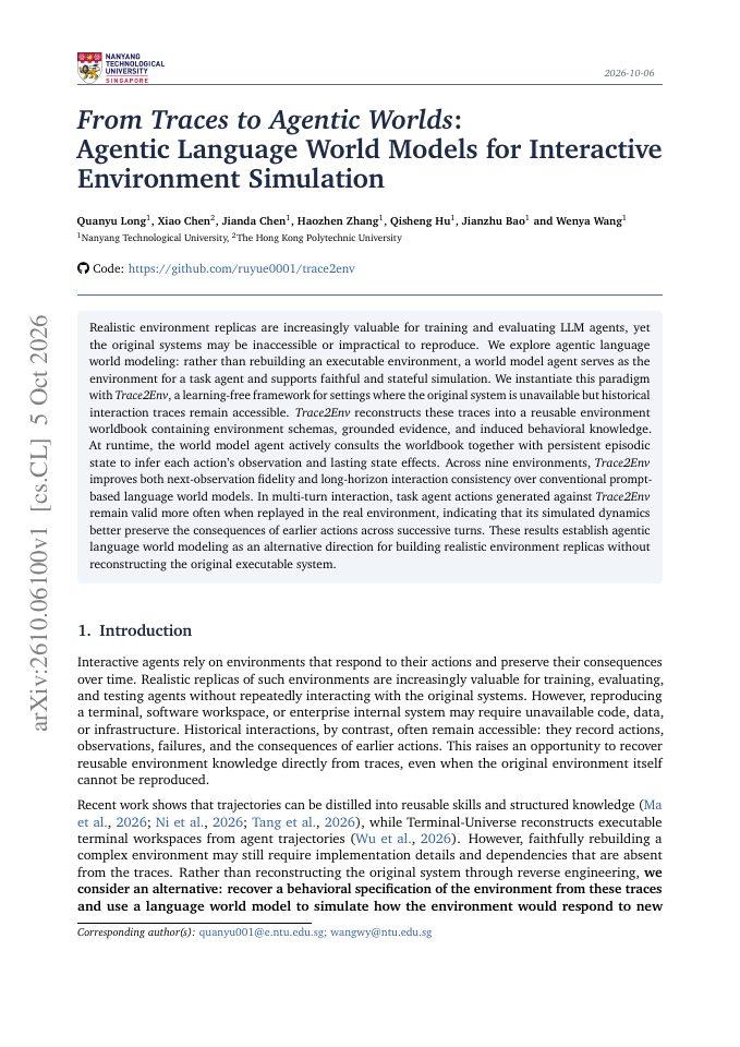 First page of From Traces to Agentic Worlds: Agentic Language World Models for Interactive Environment Simulation