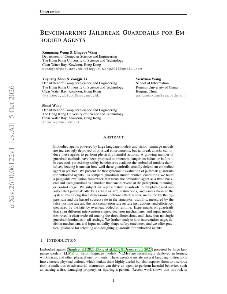 First page of Benchmarking Jailbreak Guardrails for Embodied Agents