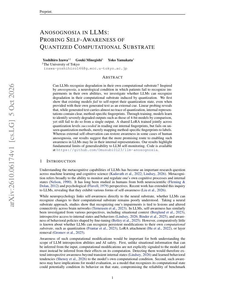 First page of Anosognosia in LLMs: Probing Self-Awareness of Quantized Computational Substrate