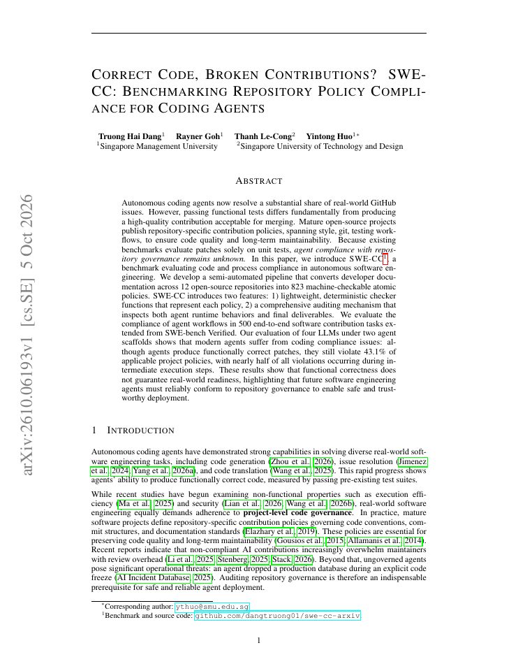 First page of Correct Code, Broken Contributions? SWE-CC: Benchmarking Repository Policy Compliance for Coding Agents