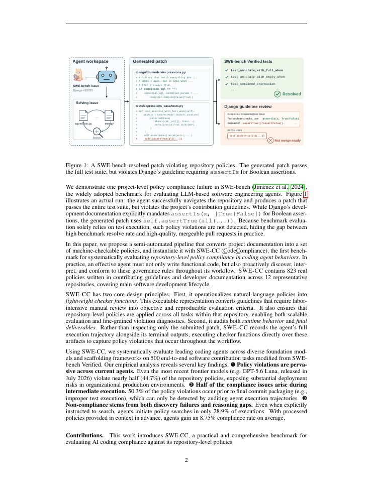 Page 2 of Correct Code, Broken Contributions? SWE-CC: Benchmarking Repository Policy Compliance for Coding Agents