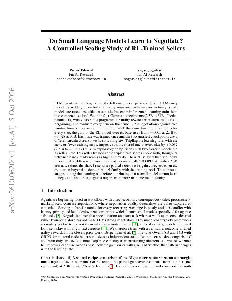 First page of Do Small Language Models Learn to Negotiate? A Controlled Scaling Study of RL-Trained Sellers