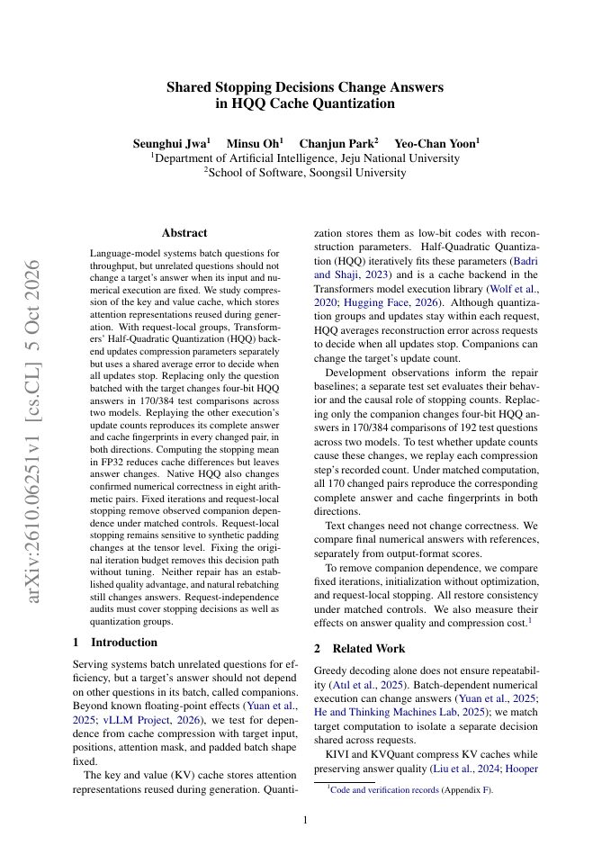 First page of Shared Stopping Decisions Change Answers in HQQ Cache Quantization
